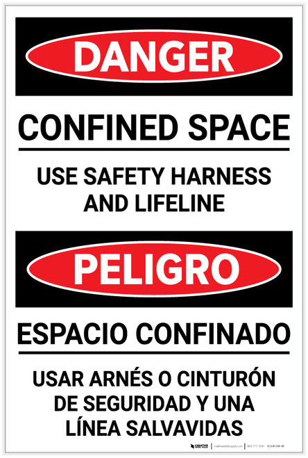 Danger: Confined Space Use Harness and Lifeline Bilingual Spanish - Label