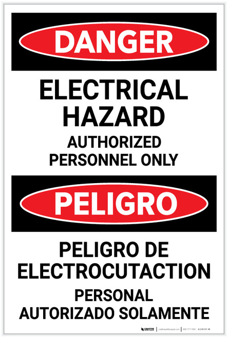 Danger: Electrical Hazard Authorized Only Bilingual Spanish - Label