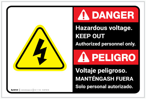 Danger: Hazardous Voltage Keep Out with Graphic Bilingual Spanish - Label
