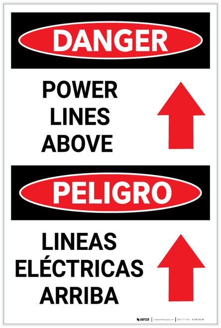 Danger: Power Lines Above Arrow Up Bilingual Spanish - Label