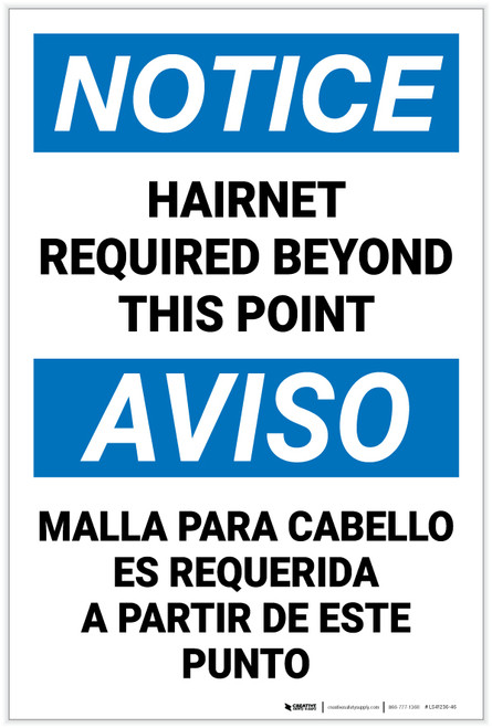 Notice: Hairnet Required Beyond This Point Bilingual Spanish - Label