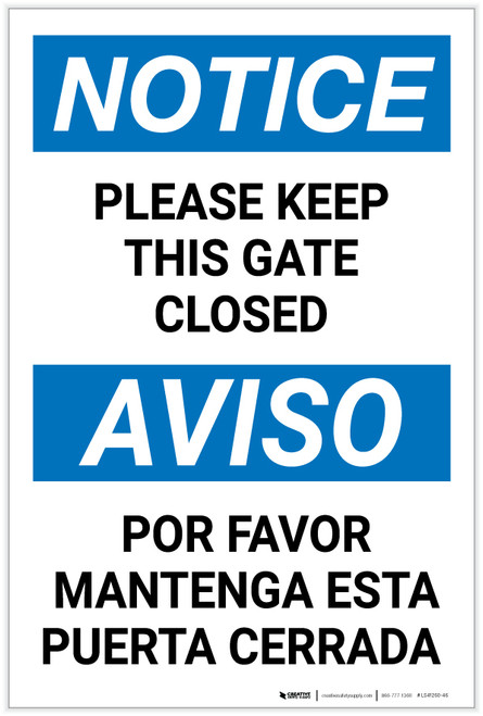 Notice: Keep This Gate Closed Bilingual Spanish - Label