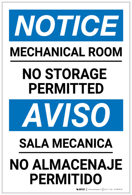 Notice: Mechanical Room No Storage Bilingual Spanish - Label