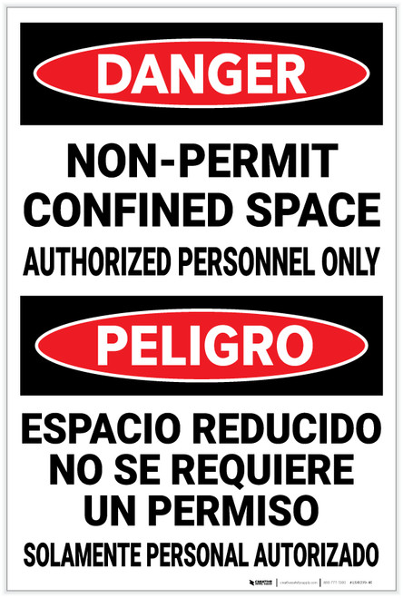Danger: Non Permit Confined Space Bilingual Spanish - Label