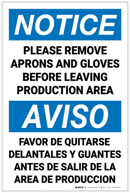 Notice: Please Remove Aprons Gloves Before Leaving Bilingual Spanish - Label