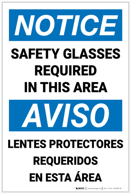 Notice: Safety Glasses Required Area Bilingual Spanish - Label