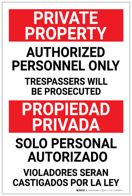 Private Property: Authorized Personnel Only Bilingual Spanish - Label