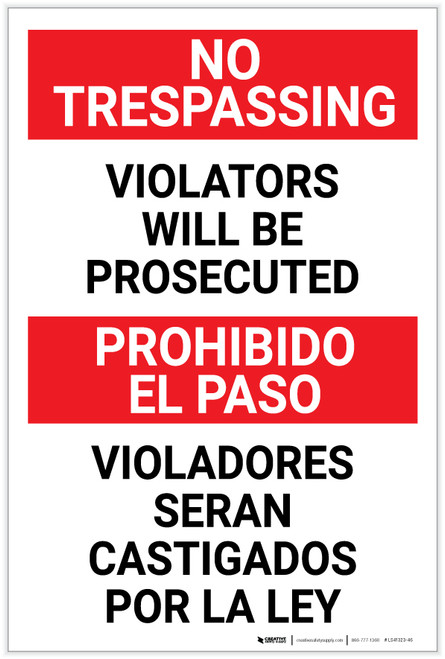 No Trespassing: Violators Will be Prosecuted Bilingual Spanish - Label
