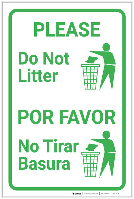 Please Do Not Litter Bilingual Spanish with Icon Portrait - Label