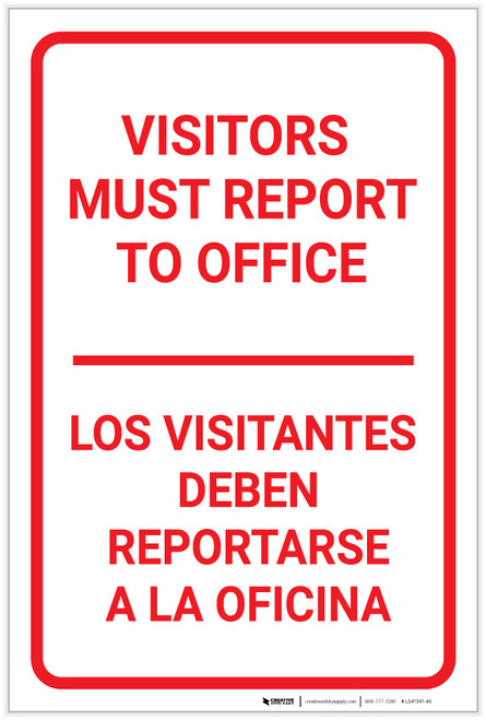 Visitors Must Report To Office Bilingual Spanish Portrait - Label