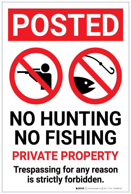 Posted: No Hunting No Fishing Private Property with Icons Portrait - Label