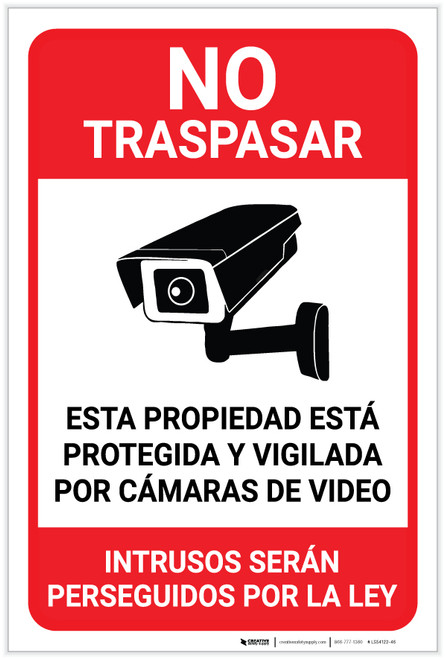 No Trespassing: This Property Is Protected By Video Surveillance Alarm In Use Video Camera Icon Spanish Portrait - Label