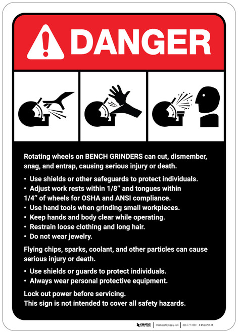 Danger: Bench Grinder Machine Guidelines ANSI - Wall Sign