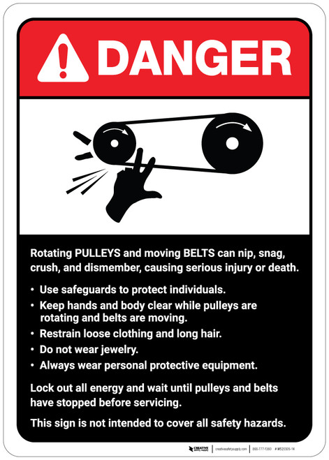 Danger: Pulleys and Belts on Machine Guidelines ANSI - Wall Sign