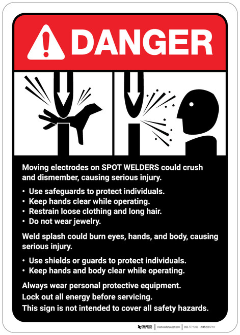 Danger: Spot Welder Machine Guidelines ANSI - Wall Sign