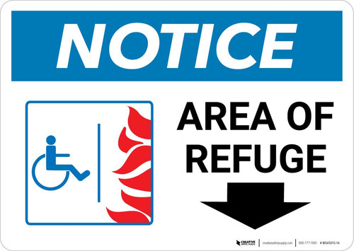 Notice: Area Of Refuge with ADA Fire Icon Down Arrow Landscape