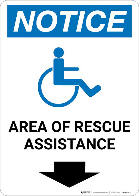 Notice: Area Of Rescue Assistance with ADA Icon Down Arrow Portrait