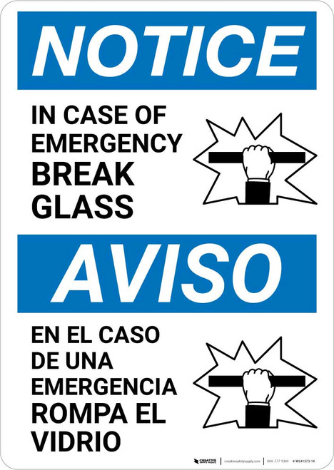 Notice: Bilingual Spanish In Case Of Emergency Break Glass with Icon Portrait