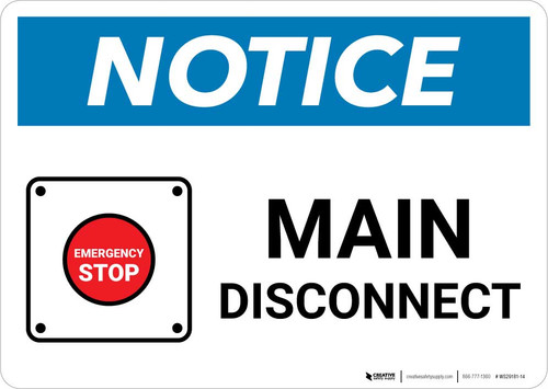 Notice: Main Disconnect Landscape with Emergency Stop Icon