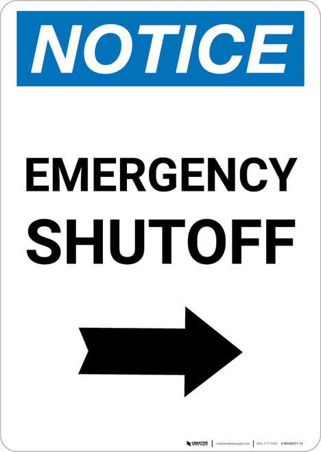 Notice: Emergency Shutoff with Right Arrow Portrait