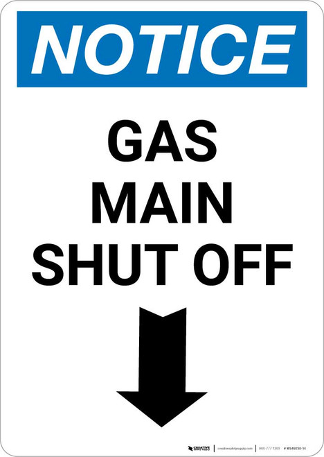 Notice: Gas Main Shut Off with Down Arrow Portrait