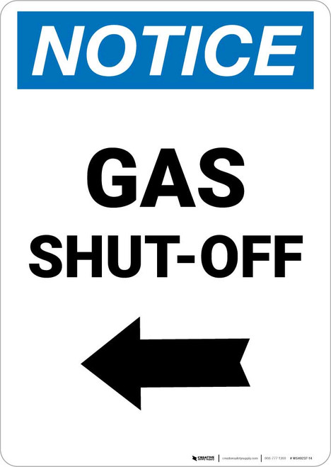 Notice: Gas Shut-Off with Left Arrow Portrait