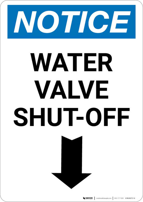 Notice: Water Valve Shut-Off with Down Arrow Portrait