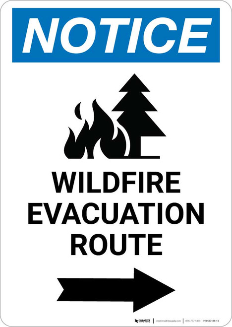 Notice: Wildfire Evacuation Route with Right Arrow and Icon Portrait