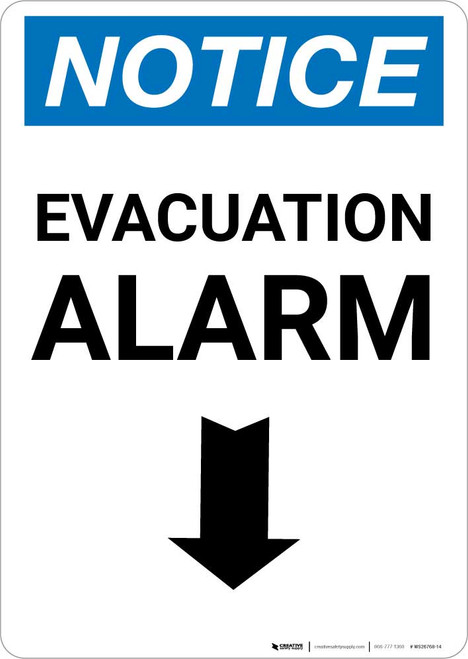 Notice: Evacuation Alarm Down Arrow Portrait