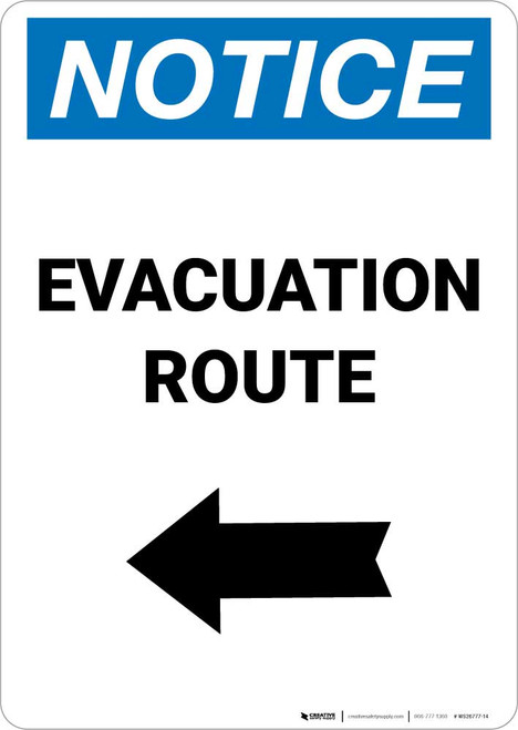 Notice: Evacuation Route Left Arrow Portrait
