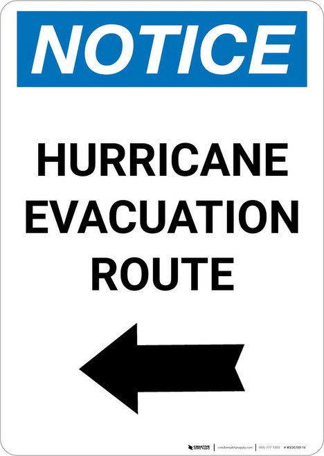 Notice: Hurricane Evacuation Route Left Arrow Portrait