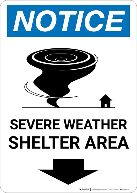 Notice: Severe Weather Shelter Area Down Arrow Portrait