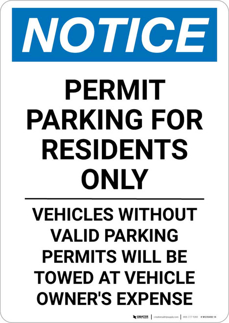 Notice: Permit Parking for Residents Only - Vehicles Without Valid Parking Permits Portrait