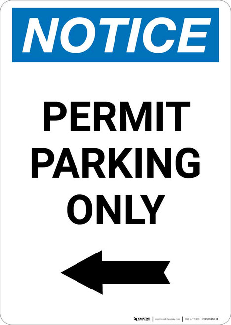 Notice: Permit Parking Only with Left Arrow Portrait