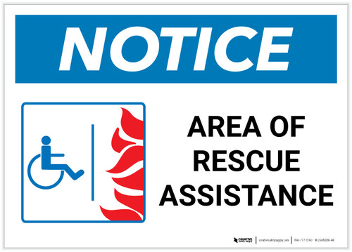 Notice: Area Of Rescue Assistance with ADA Fire Icon Landscape - Label