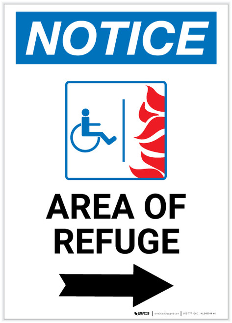Notice: Area of Refuge with ADA Fire Icon and Right Arrow Portrait - Label