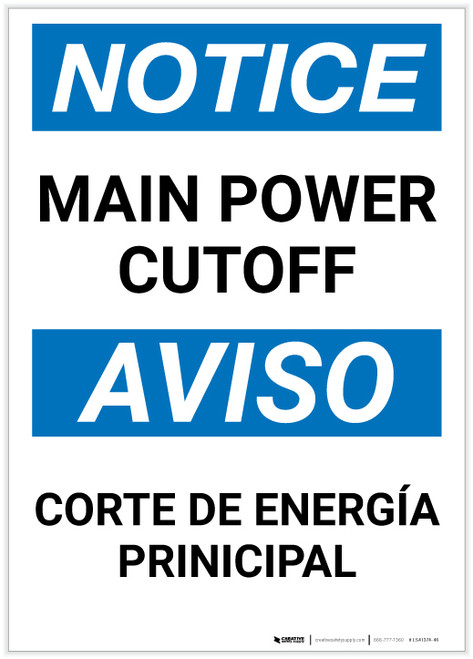 Notice: Bilingual Spanish Main Power Cut-off Portrait - Label