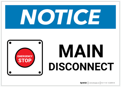 Notice: Main Disconnect Landscape with Emergency Stop Icon - Label