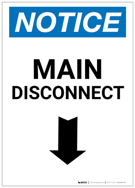 Notice: Main Disconnect Portrait with Down Arrow - Label