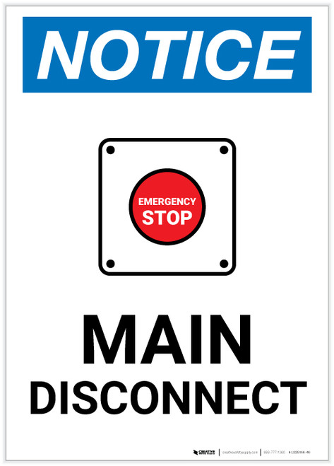 Notice: Main Disconnect Portrait with Emergency Stop Icon - Label