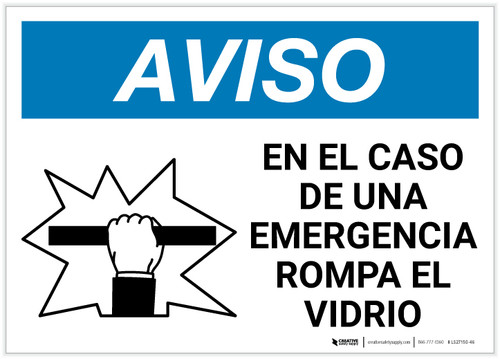 Notice: Spanish In Case Of Emergency Break Glass with Icon Landscape - Label