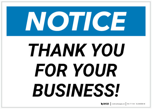 Notice: Thank You For Your Business Landscape - Label