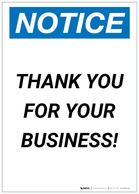 Notice: Thank You For Your Business! Portrait - Label