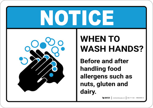 Notice: Wash Hands Before Handling Food Allergens ANSI Landscape - Wall Sign