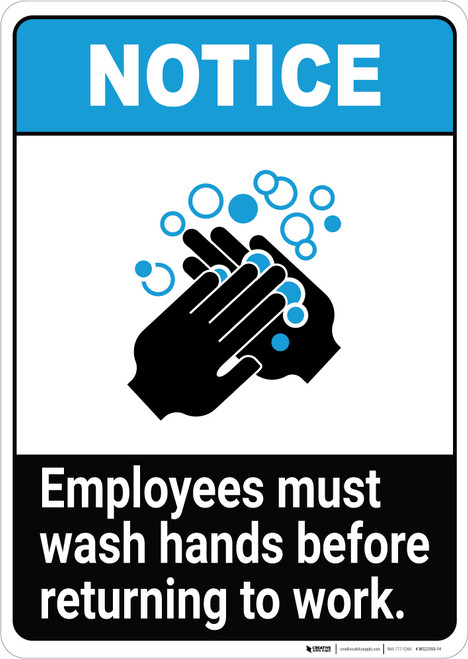 Notice: Employees Must Wash Hands Before Work ANSI Portrait - Wall Sign