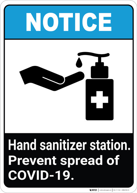 Notice: Hand Sanitizer Station Prevent COVID-19 ANSI Portrait - Wall Sign