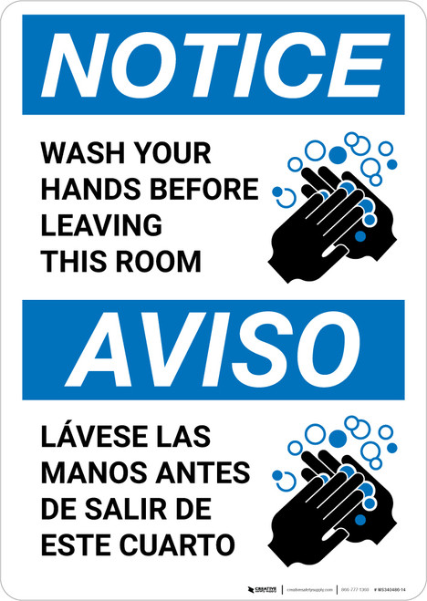Notice: Wash Your Hands Before Leaving This Room ANSI Bilingual Spanish Portrait - Wall Sign