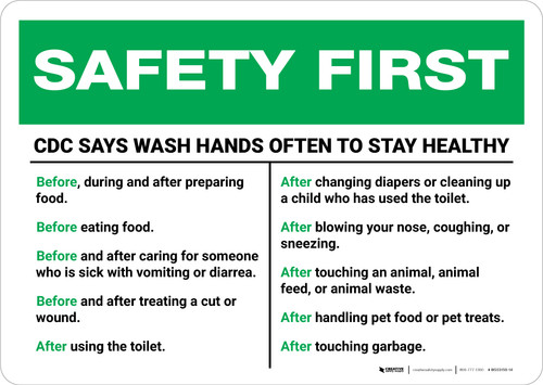 Safety First: CDC Wash Hands Often Landscape - Wall Sign