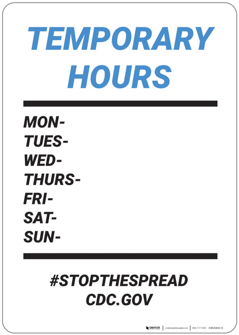 Temporary Hours: Stop The Spread Cdc Gov - Wall Sign