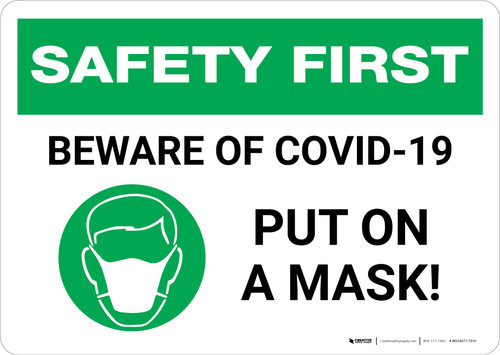 Safety First: Beware of COVID-19 Put a Mask On with Icon Landscape - Wall Sign